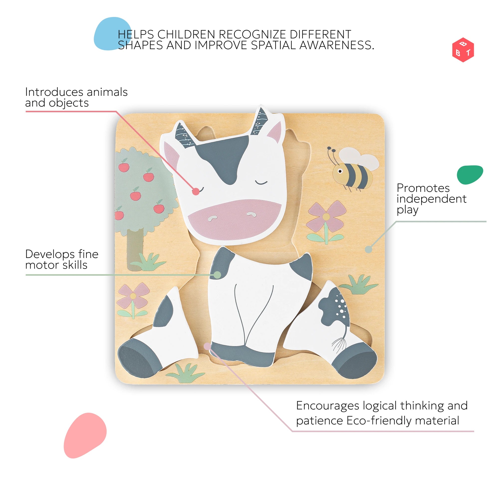 BusyBuddyToys™ Wooden Puzzle Cow